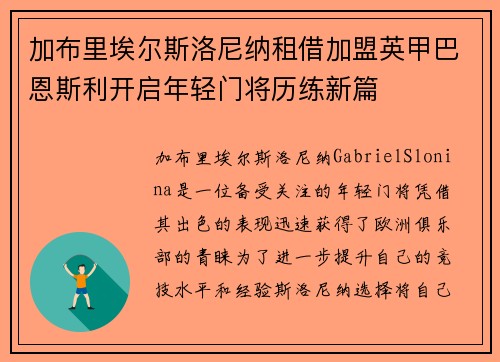 加布里埃尔斯洛尼纳租借加盟英甲巴恩斯利开启年轻门将历练新篇 加布里埃尔斯洛尼纳租借加盟英甲巴恩斯利开启年轻门将历练新篇